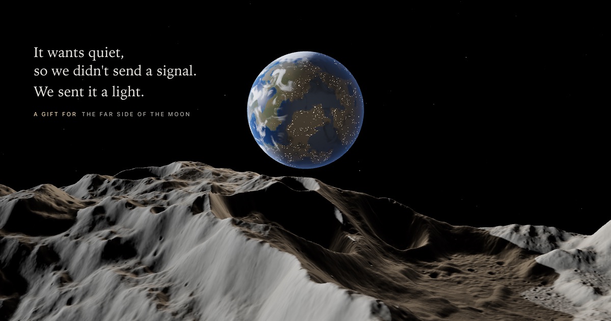 The web version seen from the watcher's seat: a small lit Earth above the real ridge of Daedalus crater.